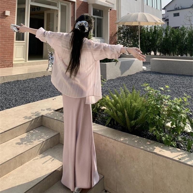 

Летняя солнцезащитная, свободная и тонкая, нежная и удобная, универсальная розовая полосатая женская рубашка XXL розовый