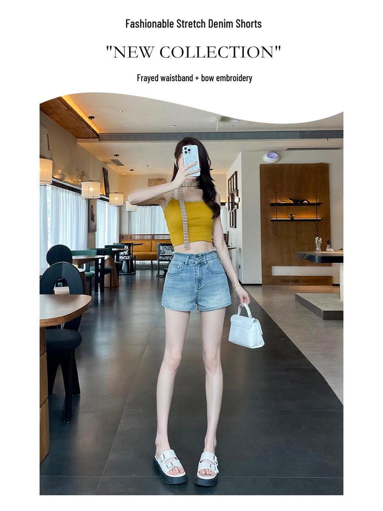Sweet & Spicy Age-Defying Slim-Fit High-Waisted Denim Shorts with Bowknot Embroidery, Trendy A-Line Summer Straight-Leg Hot Pants for Women