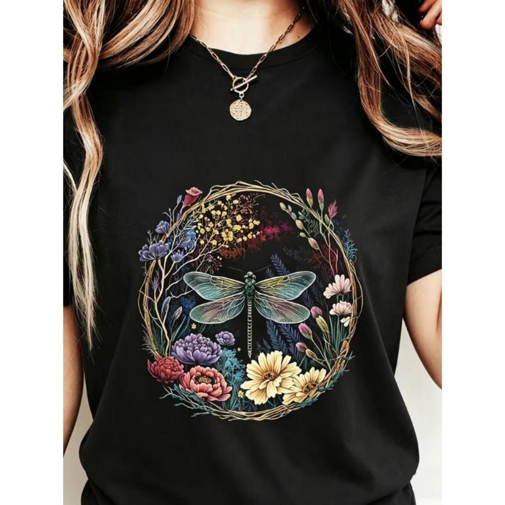 Vintage Floral Dragonfly Graphic T-Shirt Women’s Short Sleeve Tee Cottagecore Wreath Print for Daily Wear
