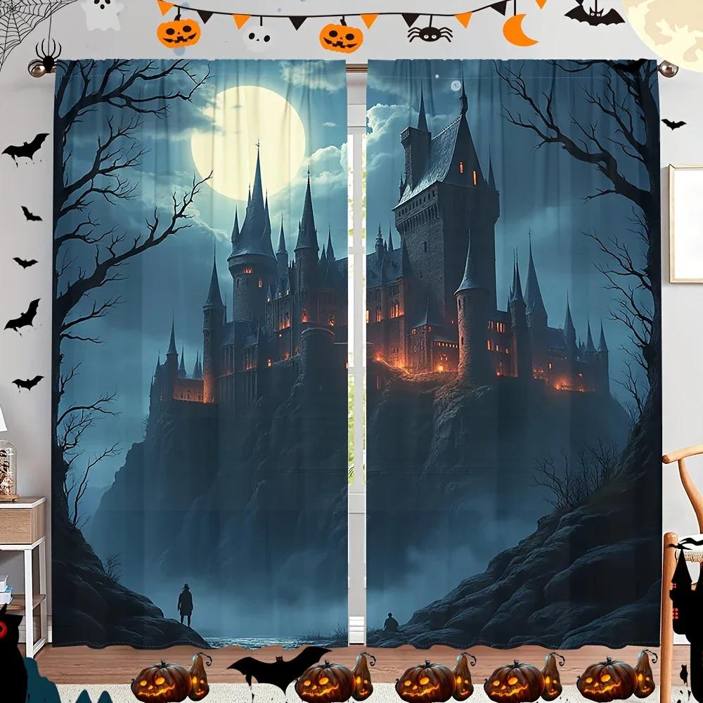 Set aus 2 Halloween Gothic Schloss Nachtszene Bedruckte Vorhänge Stangentasche Heimdekorationen Zimmer Hergestellt aus Polyester