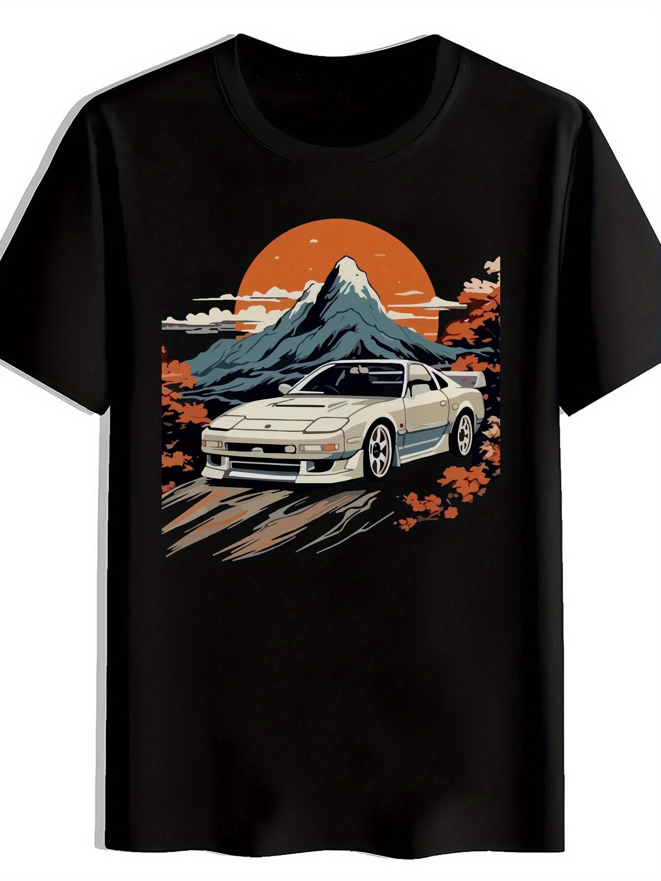 

Retro Japanese-Inspired Graphic T-shirt - Beige Sedan with Red Autumn Leaves & Mountain Sunset Design XXL