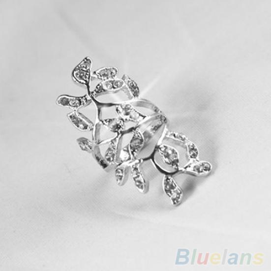 Women's Fashion Shiny Rhinestone Hollow Leaf Joint Armor Knuckle Ring Jewelry