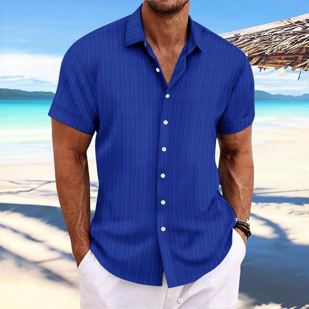 Herren Gestreiftes Baumwoll-Leinen Kurzarm Jacquard Freizeit Hemd