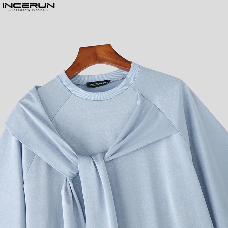 INCERUN Men Round Neck Tie Up Short Sleeve Solid Color Casual Loose Summer T-shirts
