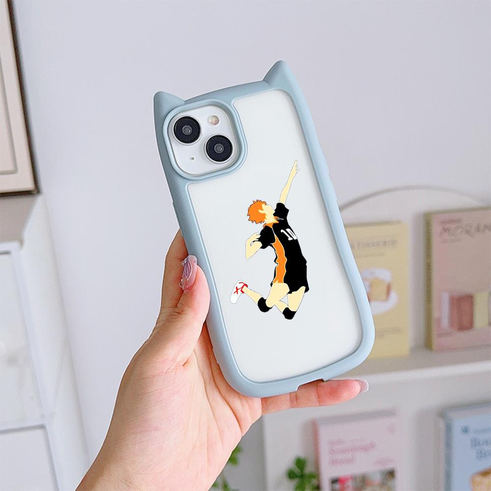 Soft Cat Ear Phone Cases for iPhone 16 15 13 12 11 Pro Max 14 Plus Silicone Anti-Drop Transparent Acrylic Back Cover N69 Anime Haikyuu X Reader Art