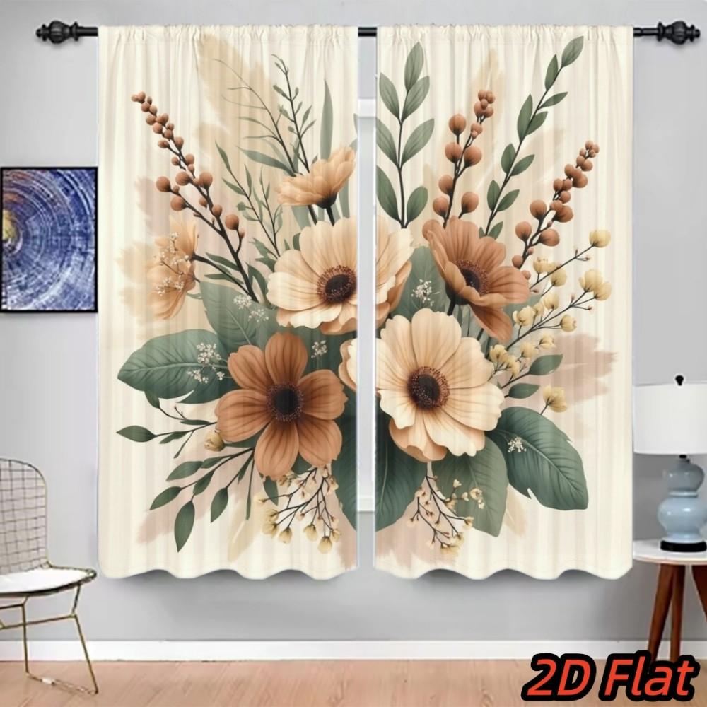 2PCS Floral Curtains, Brown Flower Green Leaf, Digital Print, Bedroom Living Room, Office, Bathroom, Holiday Decoration