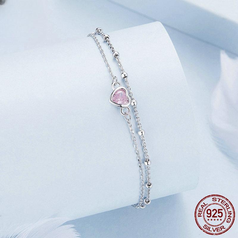 Nouveau Bracelet Double couche d'amour rose, bijoux en argent Sterling S925 en forme de cœur exquis de Style Girly doux