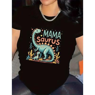 Camiseta con Estampado Mama Saurus Dinosaurio Mamá Negro y Blanco Cuello Redondo Top Casual
