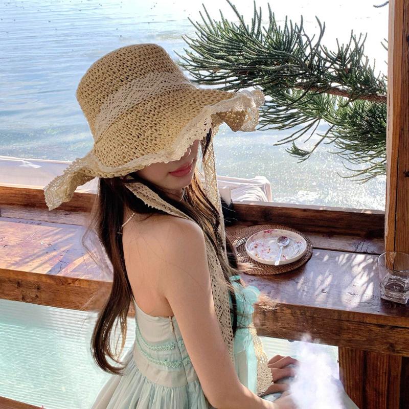 Women'S Wide Brim Lace Straw Hat Beach Hollow-Out Sun Cap For Seaside Vacation