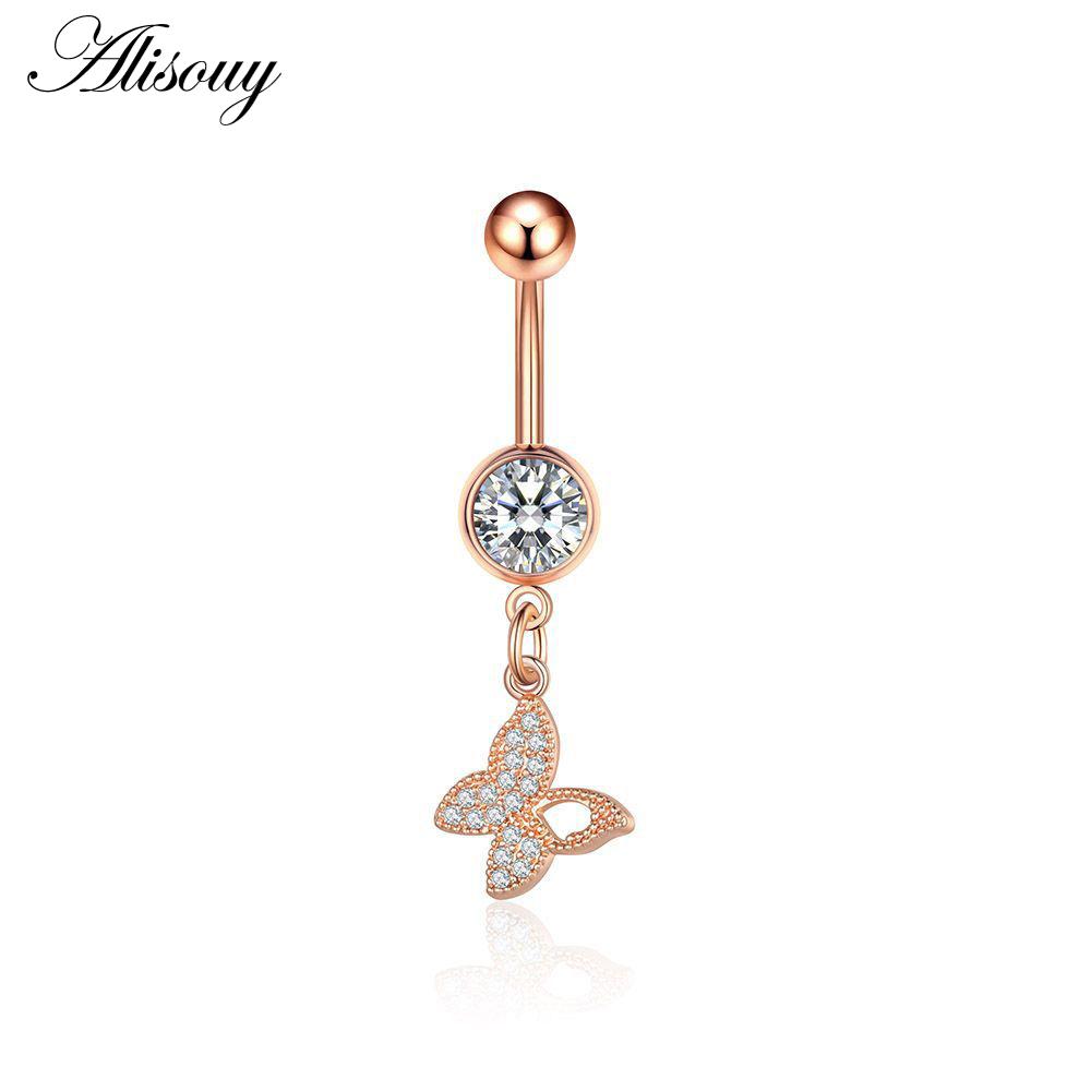 Alisouy 1pc Zircon Sexy Long Belly Ring Star Sun Moon Heart Navel Piercing Surgical Steel Women Belly Button Ring Navel Jewelry