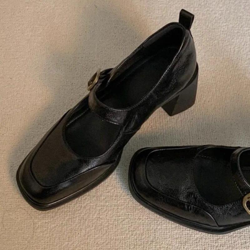 Soft Leather Retro Single Shoes for Women with Thick Heels, Not Tiring On The Feet, Square Toe Shoes
