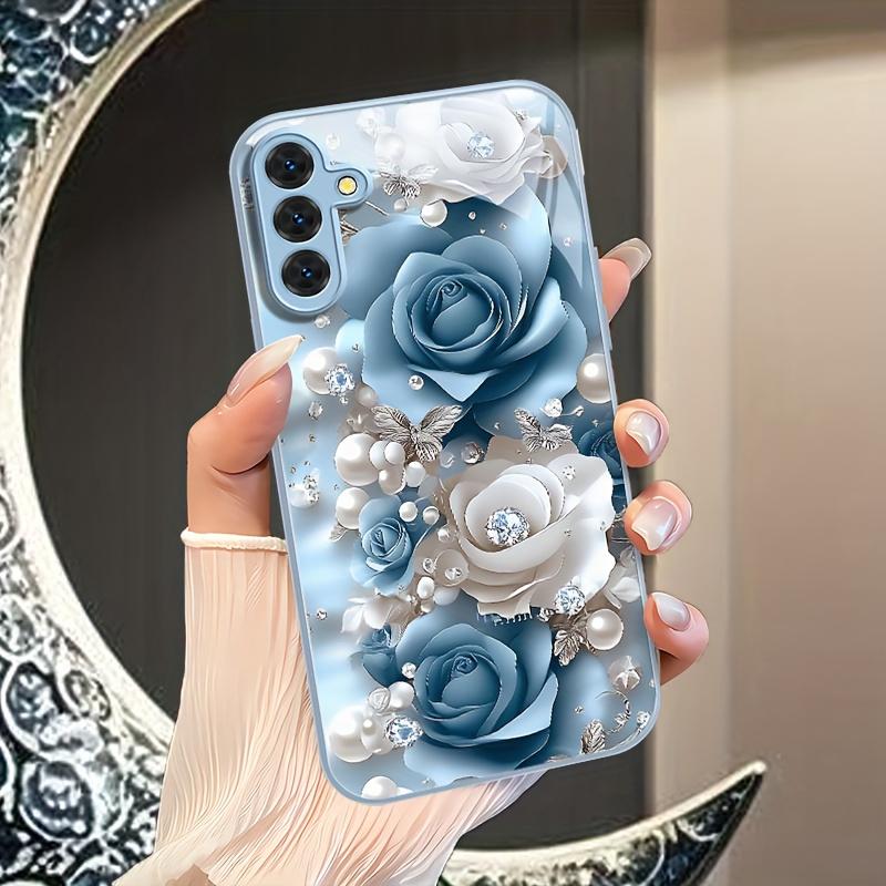 Blue flower patterned glass phone case suitable for Samsung Galaxy S26 S25 S24 S23 S22 S20 FE/Ultra/Plus anti drop back cover