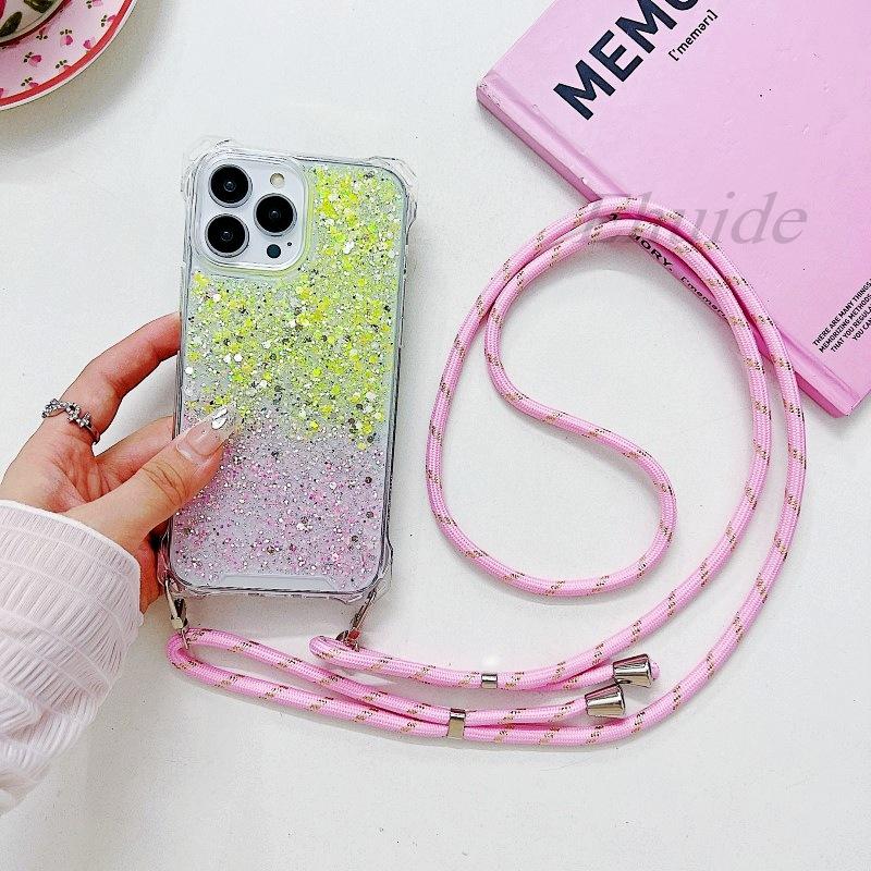

Four Corners Strap Glitter Case For iPhone 17 16 15 Pro Max 11 12 14 Plus 13 Pro Shockproof Crossbody Lanyard Rope Cord Cover for iPhone 15&Case & Strap