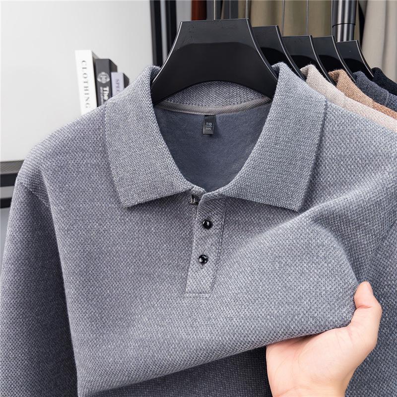 Men's Plus Velvet Knitwear Winter Lapel Polo Shirt - Middle-aged Casual Warm Long Sleeve Sweater Base Layer
