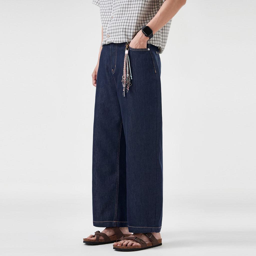 Spring and summer new denim primary color jeans men's American retro trendy brand loose wide-leg straight nine-point pants