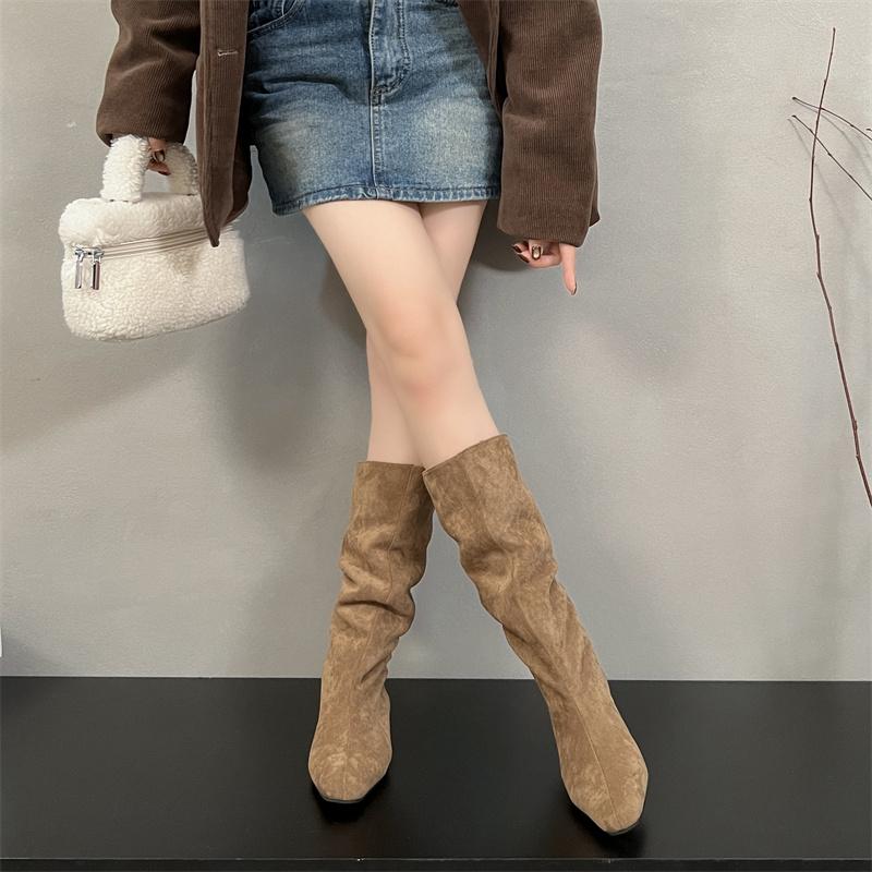 Autumn Winter Stretch Slim Women Knee High Boots Fashion Slip On Pointed Toe Shoes Street Style Low Heels Knight Long Botas