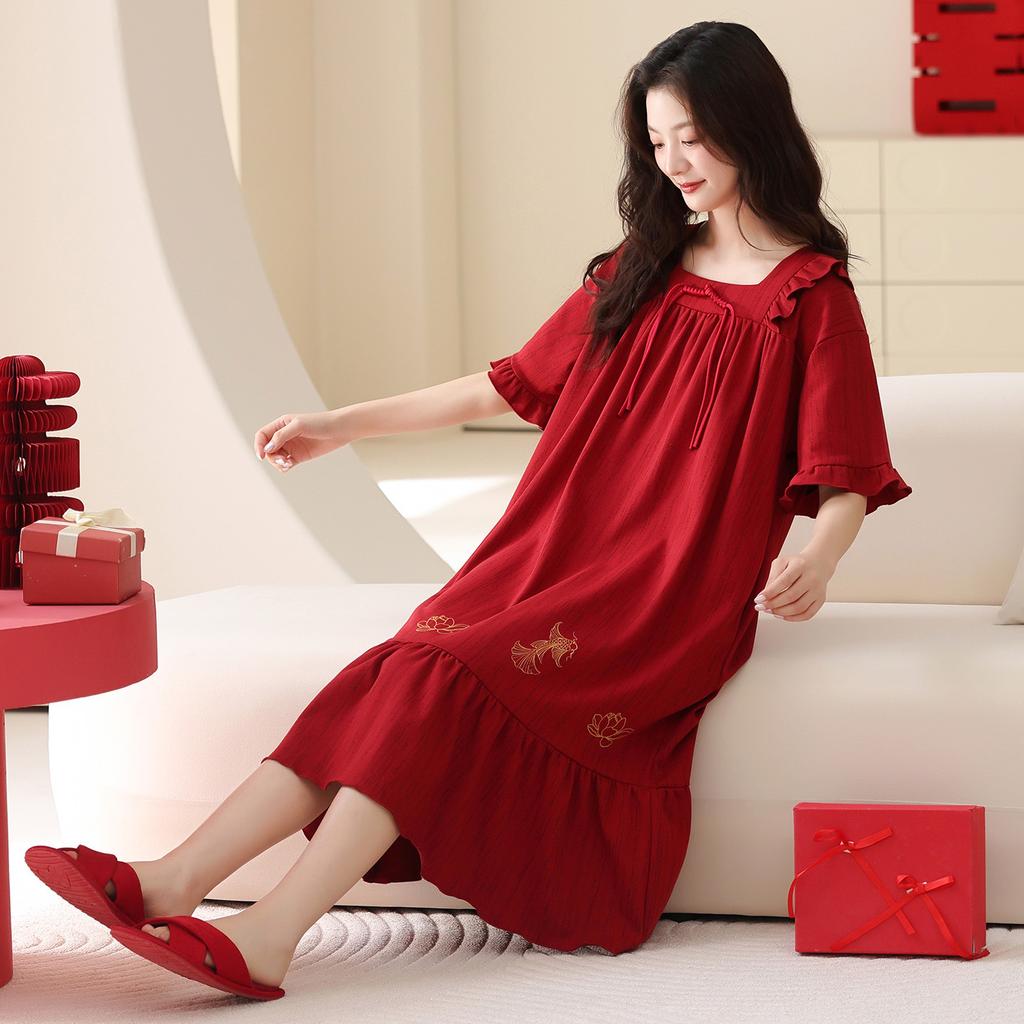 Red Nightdress Couple Summer Wedding Suit Pure Cotton Short-sleeved Men's and Women's Natal Year Cute Thin Wedding Loungewear