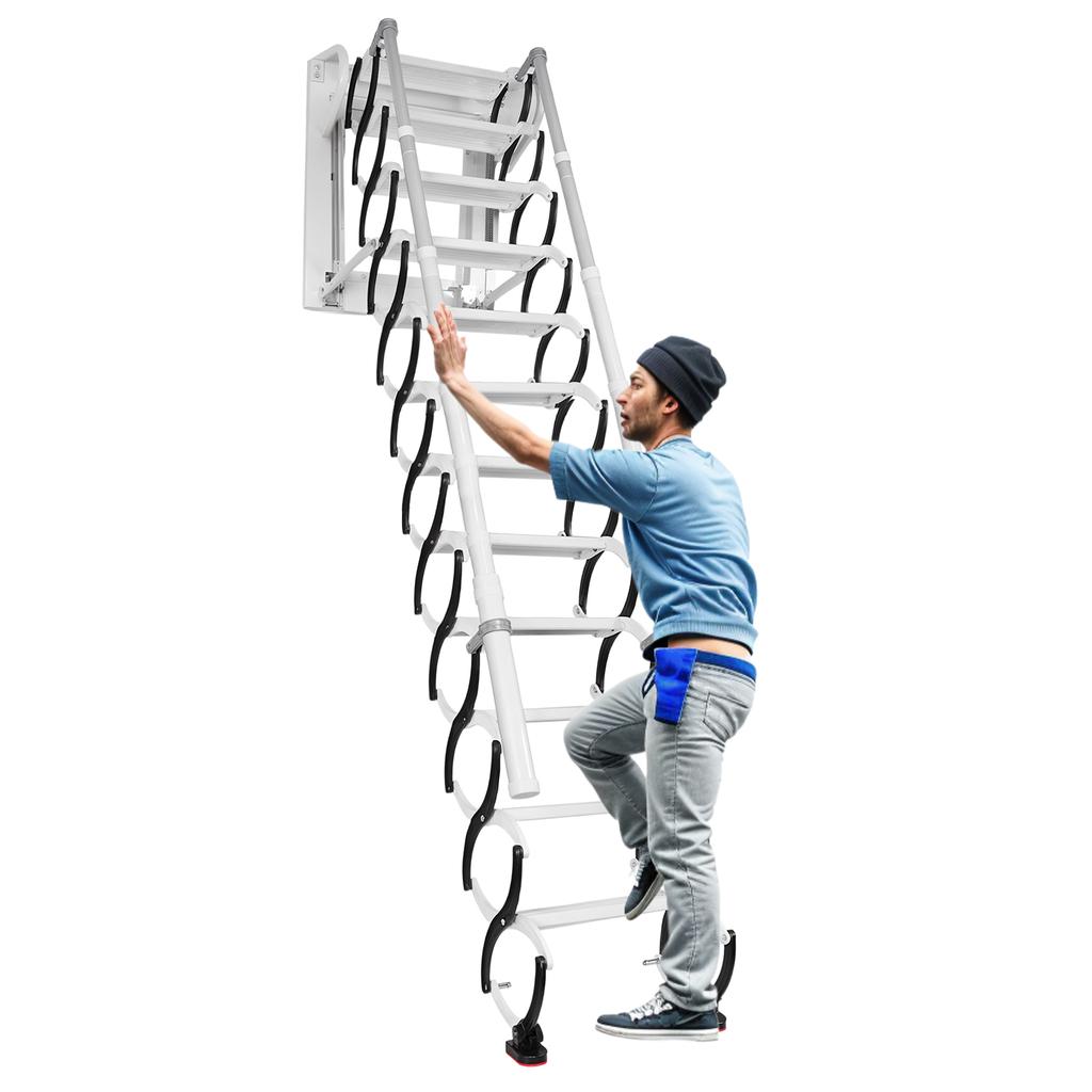 Wall-Mounted 12 Steps 2 Safe Handrail Folding Attic Ladder Durable Black White Anti-Slip for Attics/Garages/Roofs for Home Indoo