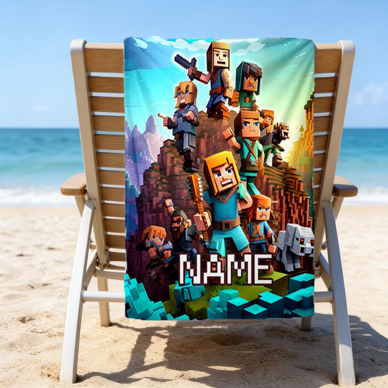 1pc Minecraft2 Beach Towel with Custom Name, Beach/Swimming/Bath/Picnic/Camping Towel, Suitable for Seaside Beaches