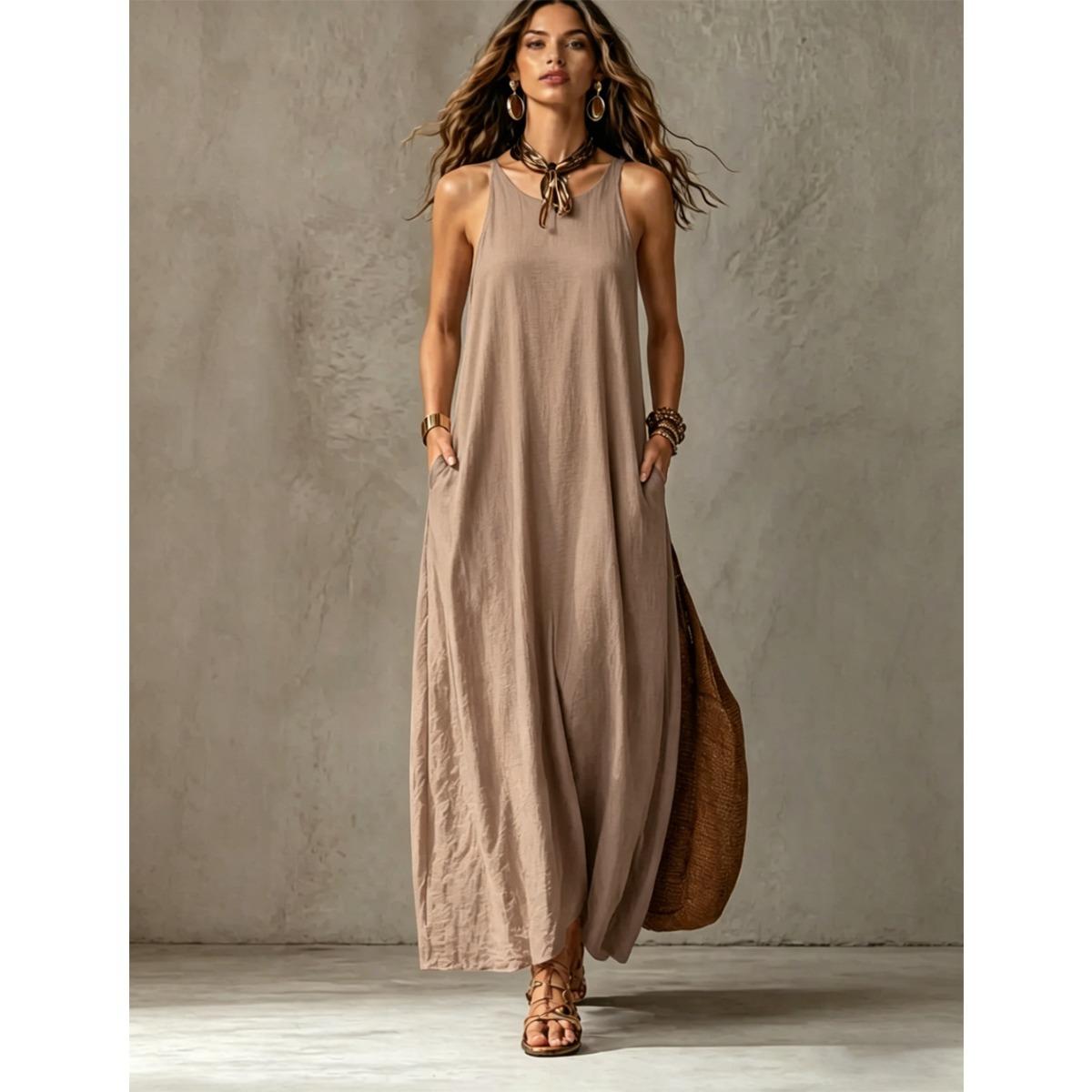 Women s Sleeveless Halter Neck Maxi Dress Loose Fit Solid Casual Long Dress S хаки