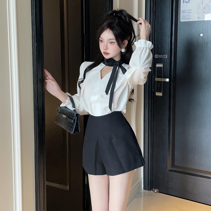 Chic Black & White French V-Neck Bow Shirt with High-Waisted Shorts Set