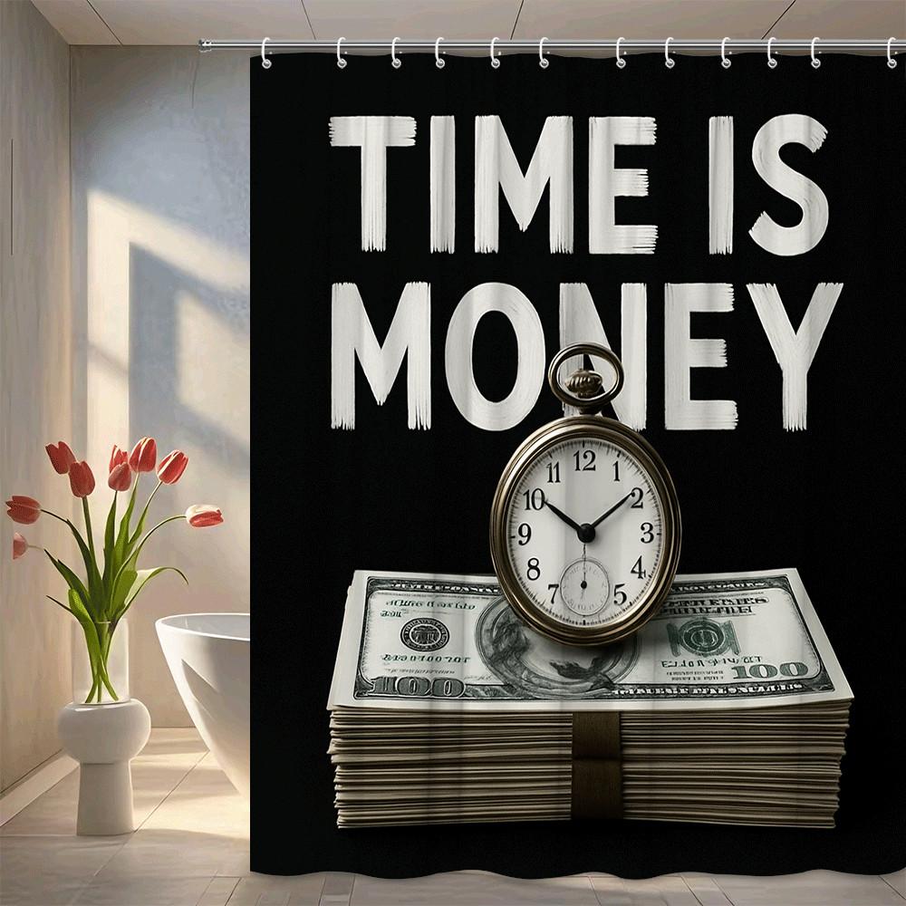 

Time Is Money Shower Curtain Black Background Clock Stack Business Motivational Decor Waterproof Free Hooks Included Non-Toxic W60H190(CM)-1 Pcs