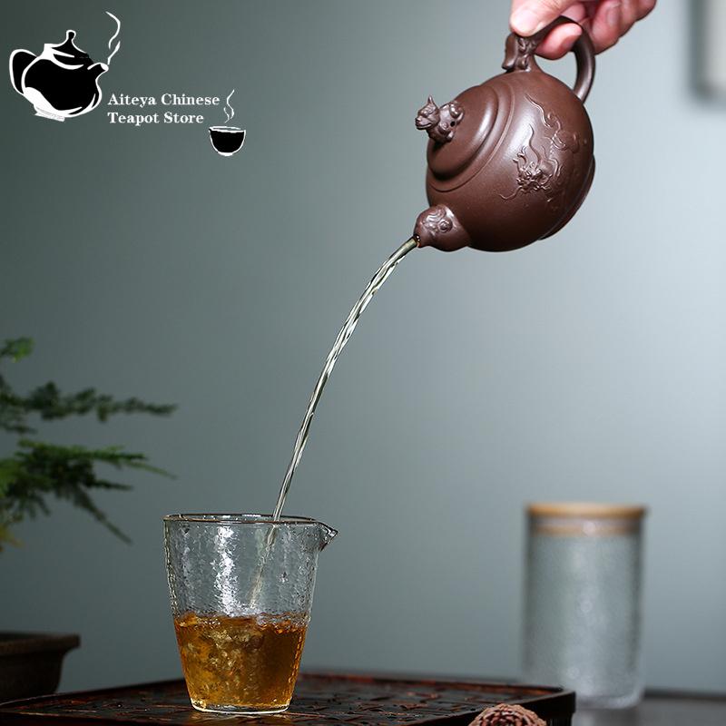 Oală de lut violet Yixing, realizată manual, original Mine Purple Clay Kylin Pot de băut Pu'er Home ceainic Kung Fu ceainic 340 ml