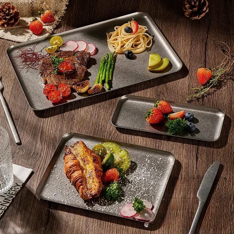 Steak Plate Stainless Steel BBQ Used Square Tray Steak Plate Restaurant Dessert Plate Roast Plate
