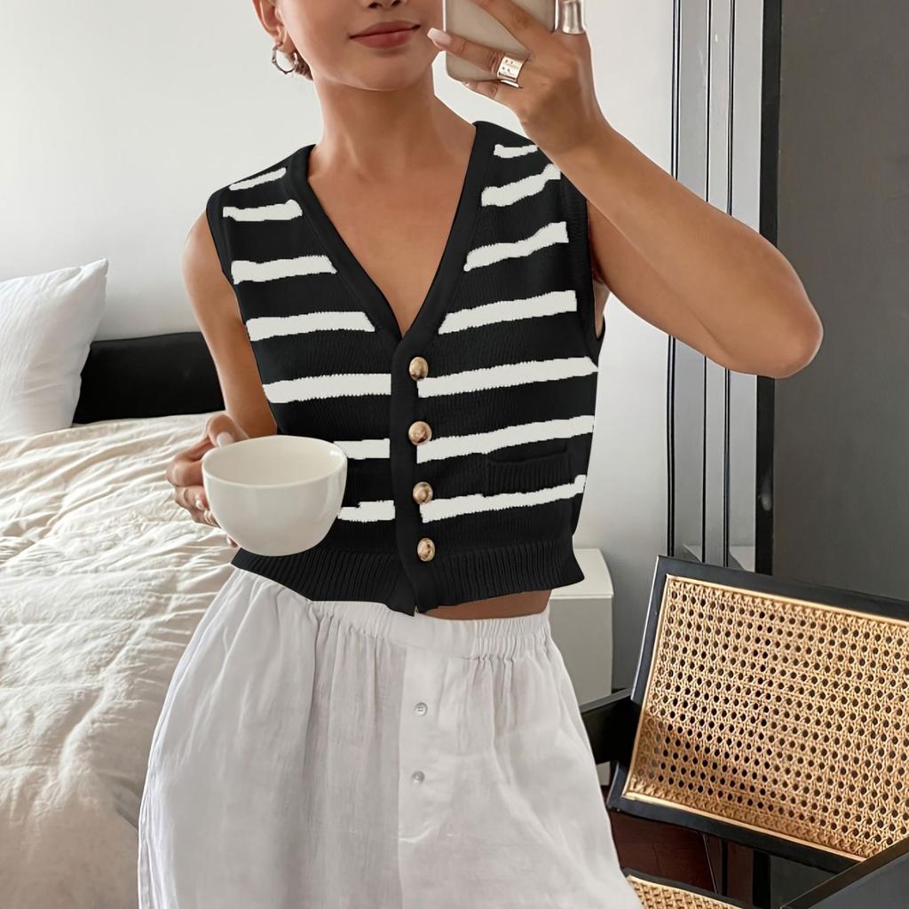 European and American Foreign Trade New Short Sweater Top Spring and Summer Knitted Striped Vest Cardigan Women's Clothing