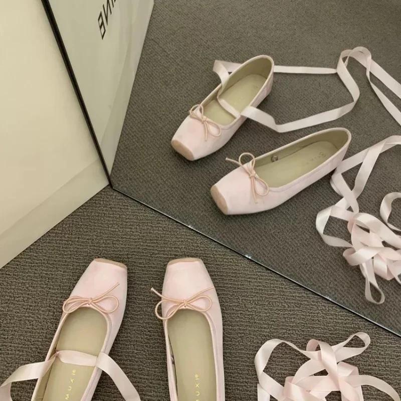 Fashion Women Flats Bow Marie Janes Shoes  New Lolita Dress Square Toe Shoes Designer Walking Sandals Female Elegant Zapatos