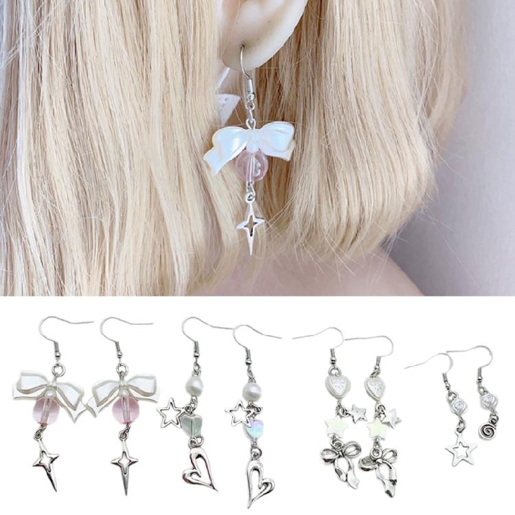 4 Pairs Bowknot/Star/Heart Ear Drop Colorful Dangle Earrings Stylish Decorations