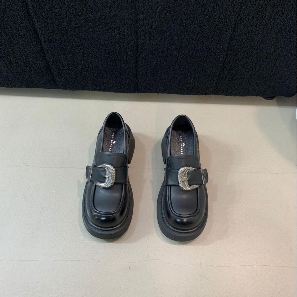 Coarse heel French sense retro brown small leather shoes women's shoes 2025 new metal belt buckle loafer single shoes