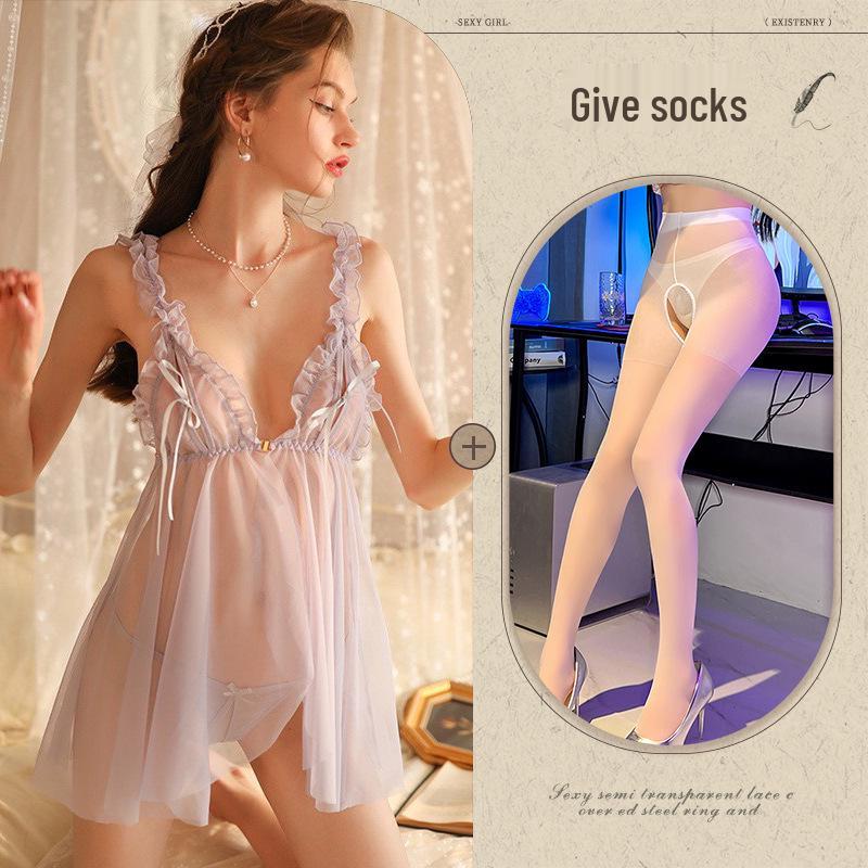 Temptation See-Through Hollow Out Chest Slit Sexy Sleepwear Lingerie Nightgown 814