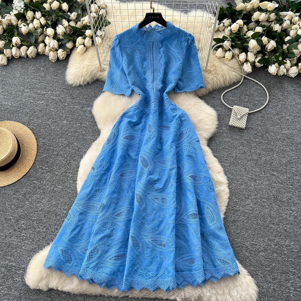 French high-end retro heavy industry embroidery waist short-sleeved dress women's summer thin temperament elegant long dress