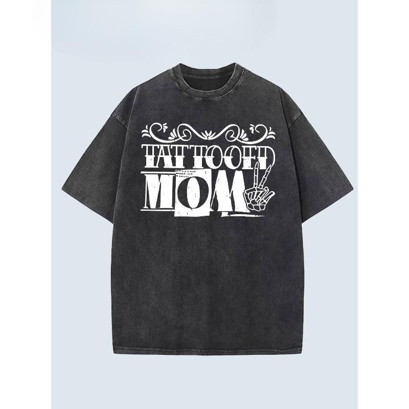

European sizes Men S Heavy-Duty Washed Vintage T-Shirt | Retro Tattoo And Mom Slogan Print - Soft Breathable Loose Fit Casual Streetwear S чёрный