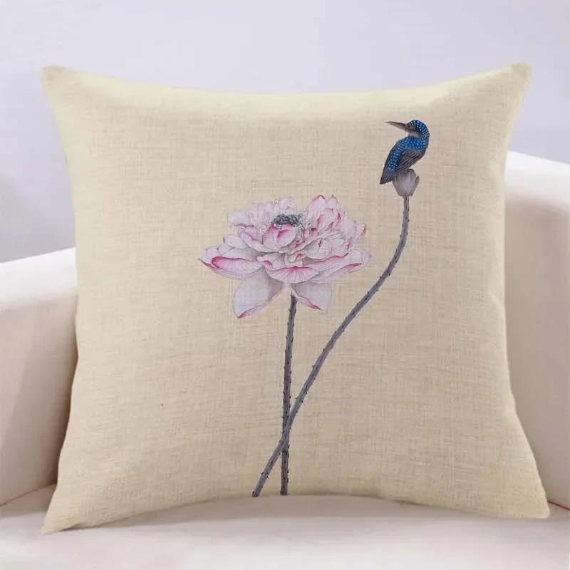 New Lotus Cushion Cover Printed Linen Pillow Cover Chinese Style Home Pillow Cushion Cover Sofa Living Room Beige