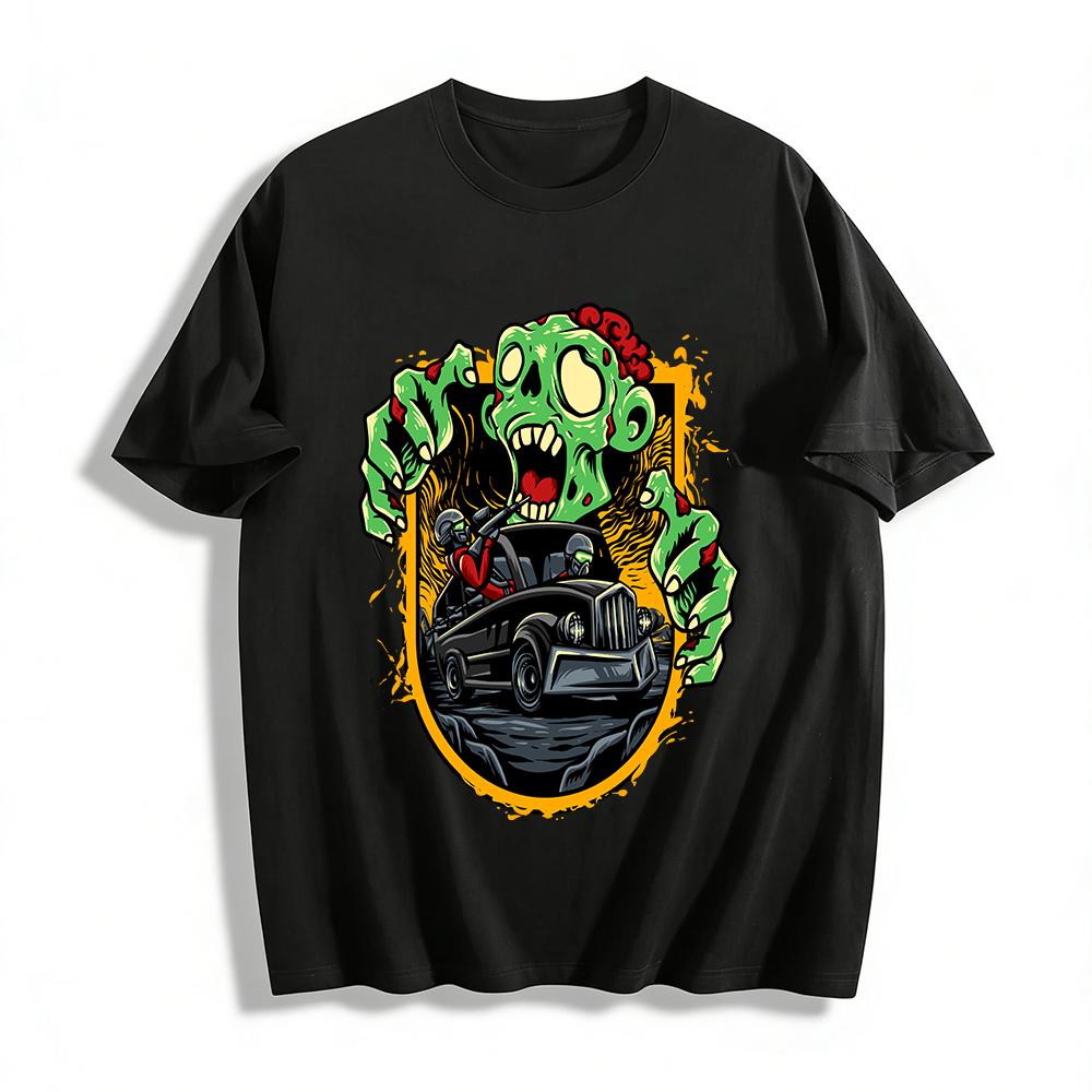 

Zombie Chase Hot Rod Print T-Shirt Cool Street Style Loose Top Pure cotton T-shirt XXS