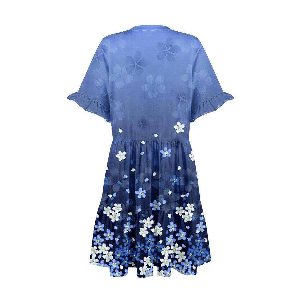 Womens Summer Dress Short Sleeve V Neck Short Dresses Fashion Casual Flowy Boho Ruffle A Line Swing Sundress With Pockets