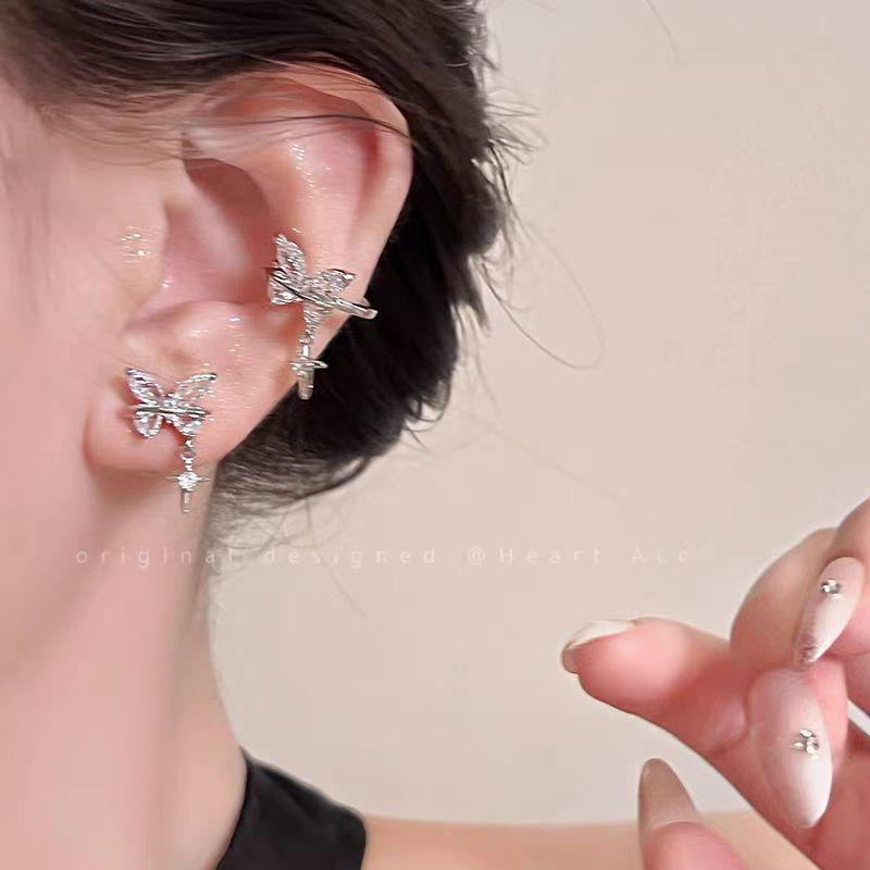 Herzschlag-DNA: Schmetterling Stern Zirkon Silber Ohrringe - Nischenluxus, Clip-On für nicht gestochene Ohren