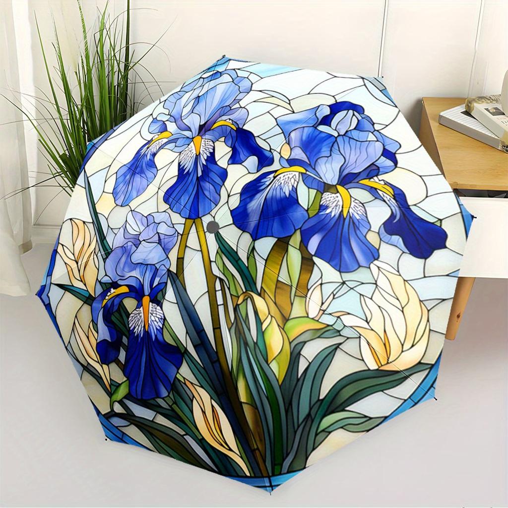 Automatic Open/Close Umbrella with Floral Design - Stained Glass Pattern In Blue & Yellow, Compact Folding Umbrella with 8-Rib
