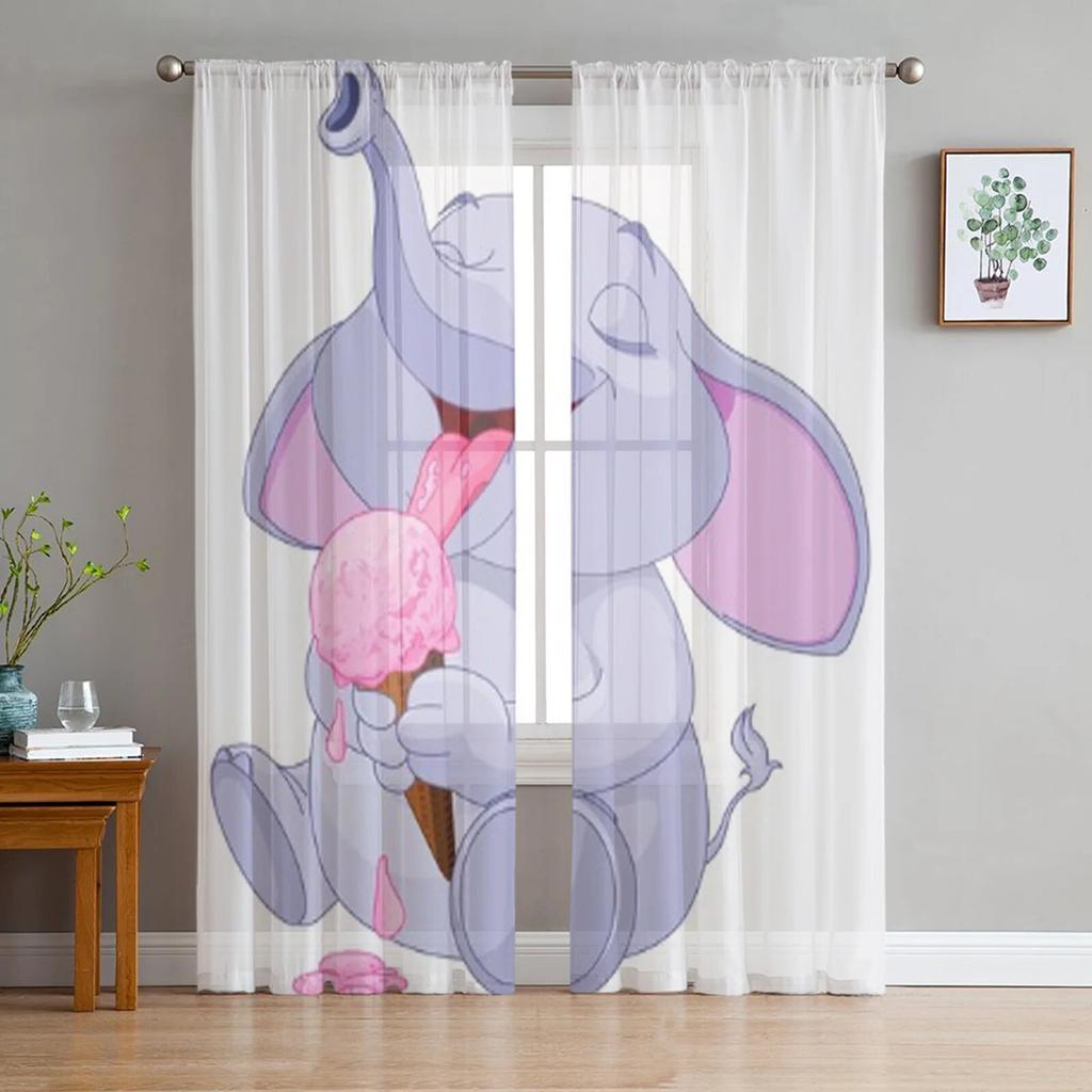 Kleine rosa Elefanten-Tüll-Vorhänge für Küche, Fenster, Wohnzimmer, moderner Voile-Vorhang, Schlafzimmer-Vorhänge