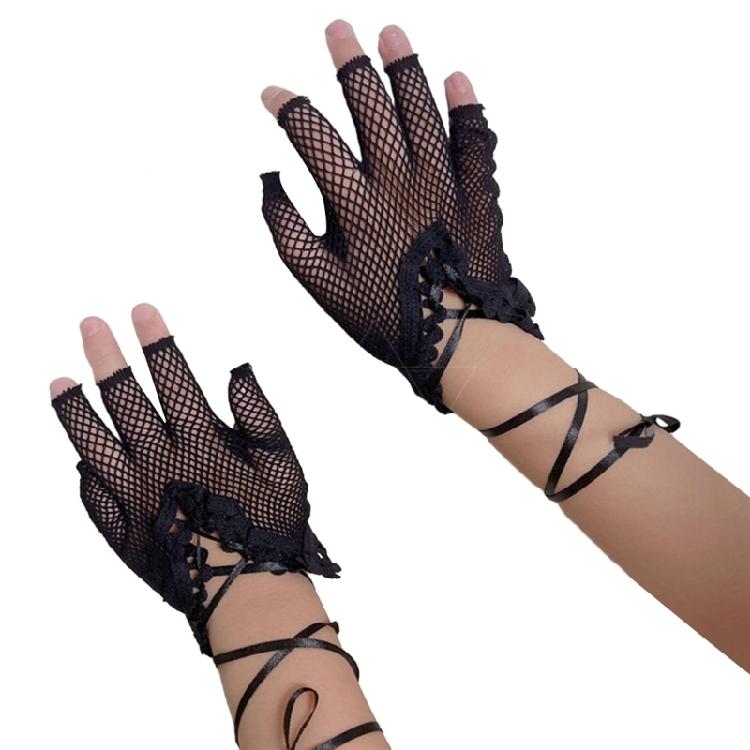 

Adult Fish Net Gloves with Bandage Rope Nightclub Mesh Fingerless Elegant Glove 1 чорний
