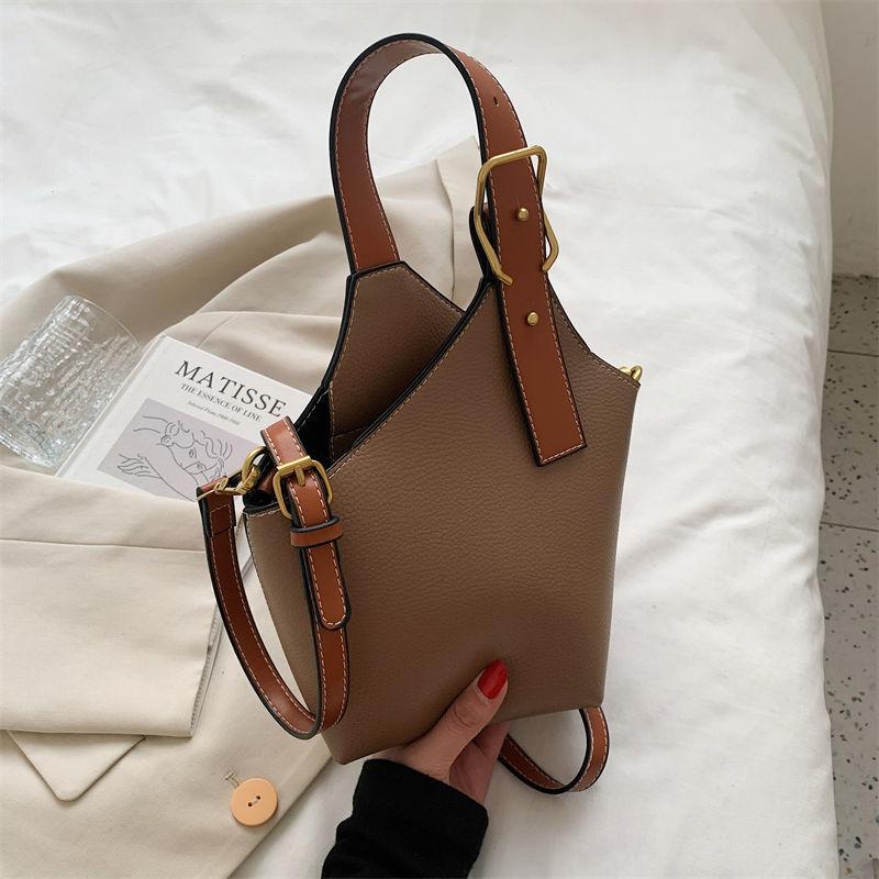 High Capacity Contrast Color Bucket Shoulder Bags  New Women's Basket Top Handle Bags Casual Commuter PU Leather Handbags