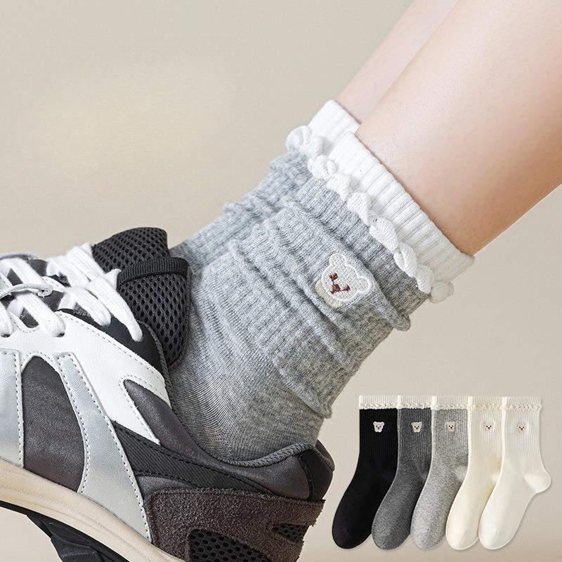 Women's Autumn and Winter Mid-calf Socks, Cute Little Bear Women's Socks, Long Calf Socks, Color-blocked Pile Socks, Boneless Cotton Socks At The Top