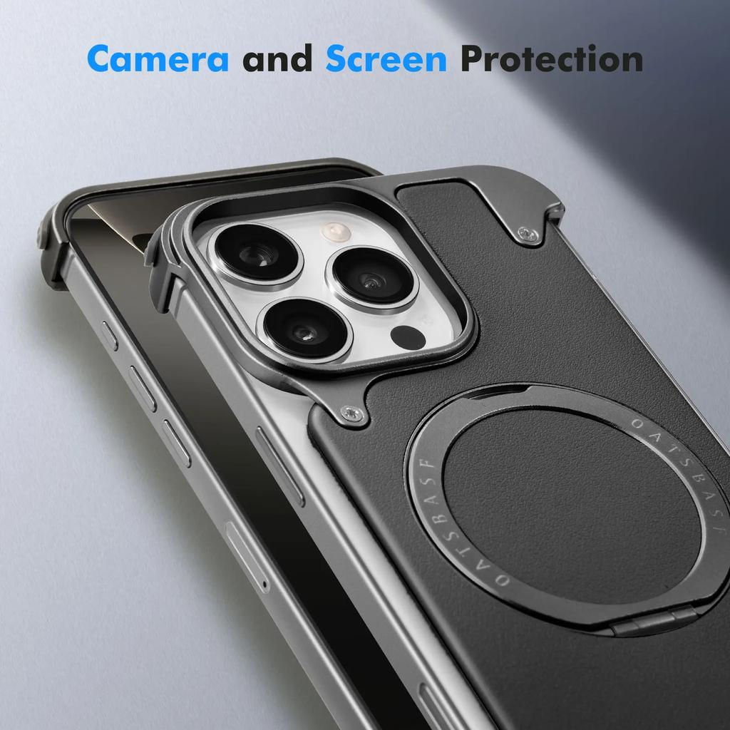 Oatsbasf Magnetic Leather Phone Case for iPhone 16 15 Pro Max with 360° Rotatable Ring Stand Premium Luxury Dropproof Slim Cover