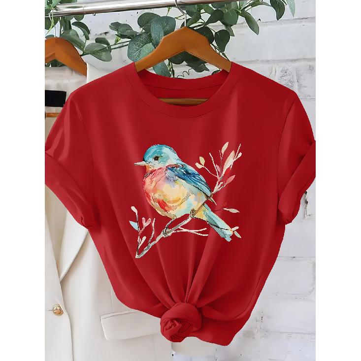 Watercolor bird print for women T Shirt Artistic natural style round neck short sleeve 2026Summer vacation style clothing Elegant Party Retro S красный