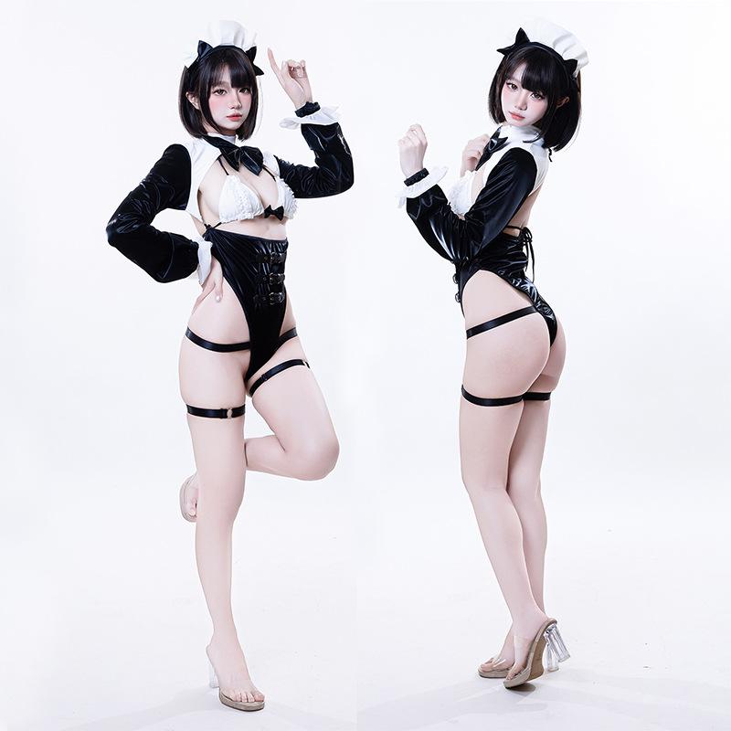 Sexy Open Bra Patent Leather Bodysuit Anime Maid Cosplay Costume Women Sexy Backless Maid Uniform Set Halloween Carnival Clothes