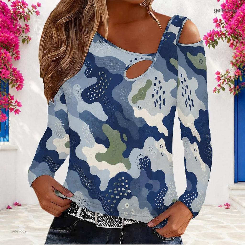 Women Plus Size Asymmetric Cutout Neck Cold Shoulder Long Sleeve Green Black White Printed Top