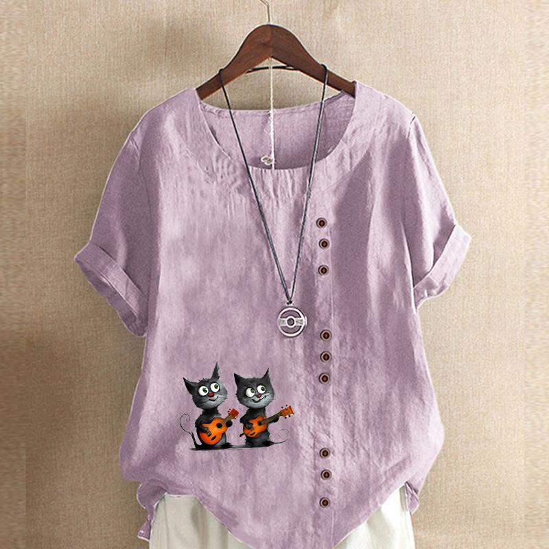Women's Fashion Music Cat Prined Short Sleeve T-shirt Loose Cotton Shirt Casual Loose Summer Blouse Tops Plus Size