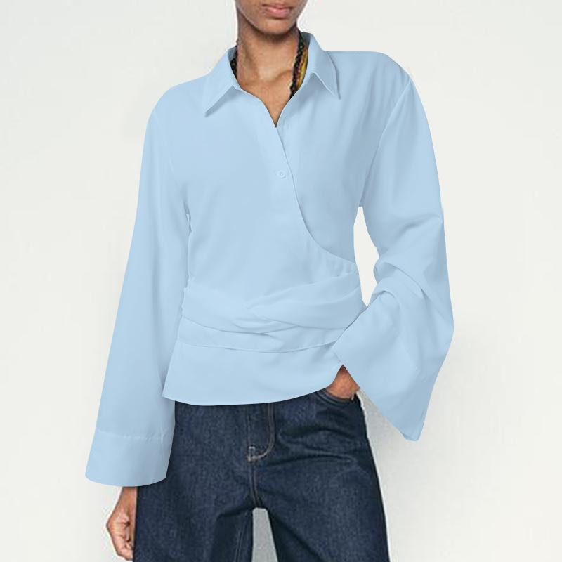 VONDA Women Lapel Neck Long Sleeve Irregular Buttons Belt Casual Loose Shirts